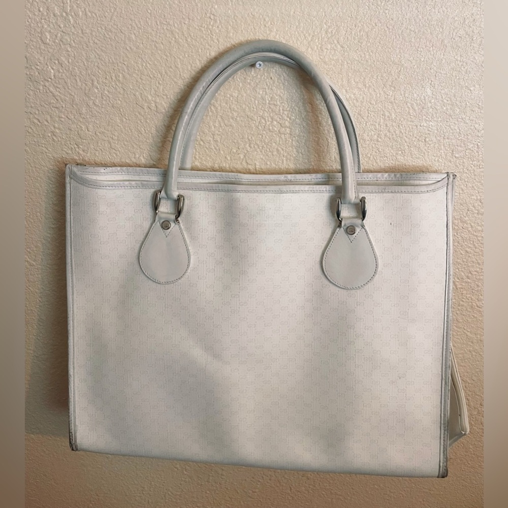 Vintage Gucci GG White Fabric Leather Tote